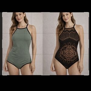 Black‎ and Gold Reversible To Army Green Womens Swim One Piece Sz Medium
